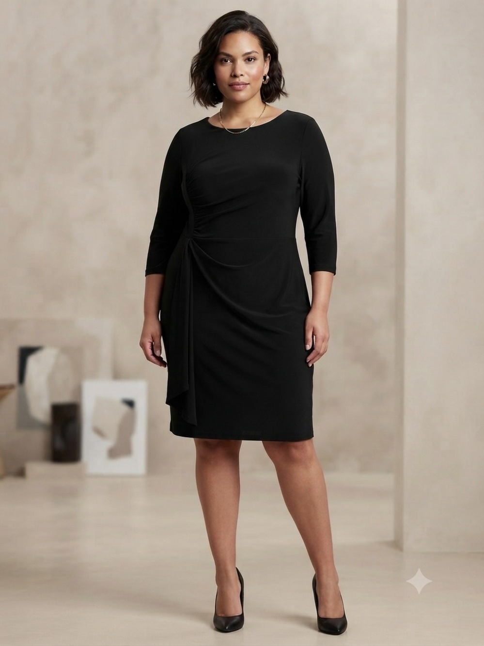 Ellen Tracy Black Midi Sheath Dress with Side Drape